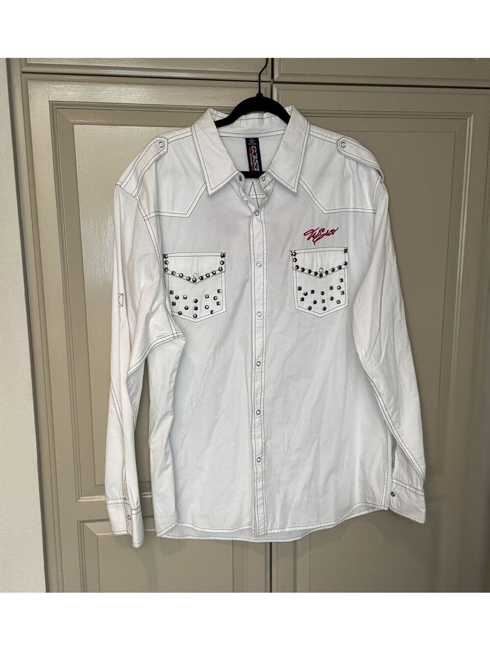 WeSC White Western Snap Shirt Large Studded Star Back Graphic XXL